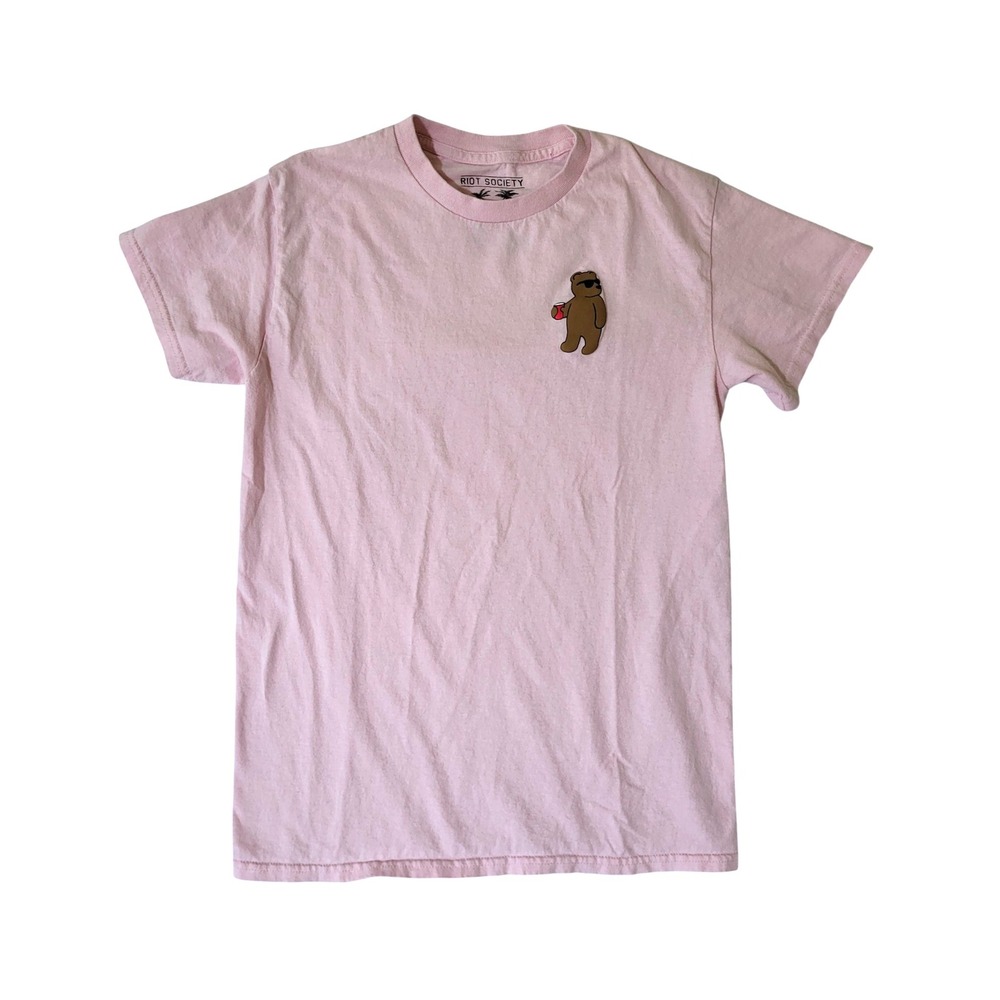 Riot Society Bear Graphic T-Shirt Mens Small Pink Crew Neck Short Sleeve
